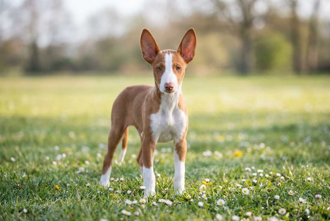 Eight-week-old Ibizan Hound puppy with smooth red-and-white puppy coat with oversized erect ears