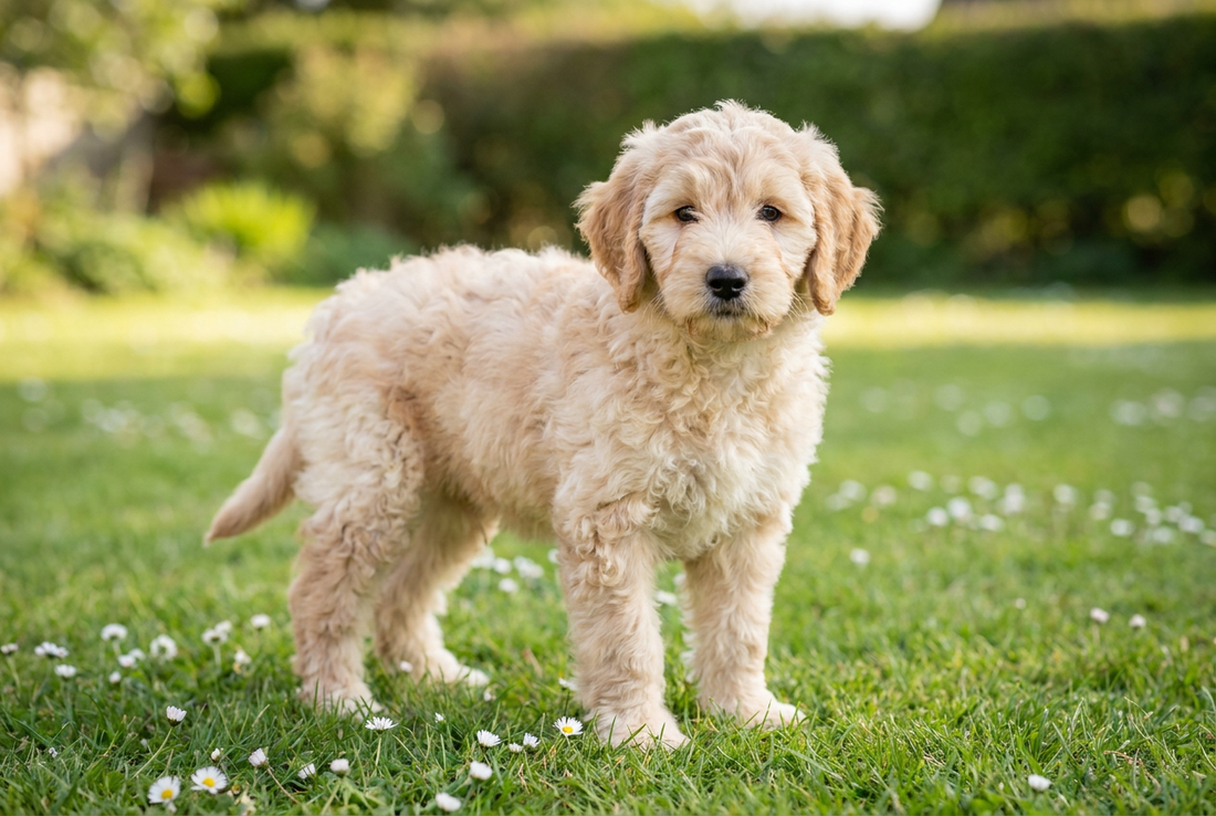 Eight-week-old Goldendoodle puppy with soft fluffy cream-and-apricot puppy coat