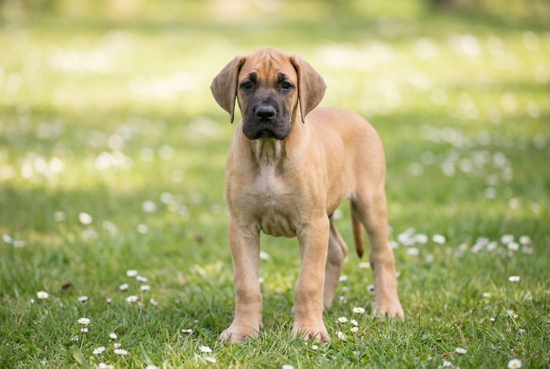 Eight-week-old Great Dane puppy with smooth fawn puppy coat with oversized paws