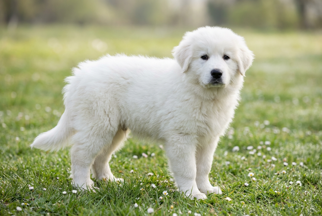 Eight-week-old Great Pyrenees puppy with fluffy white puppy double coat
