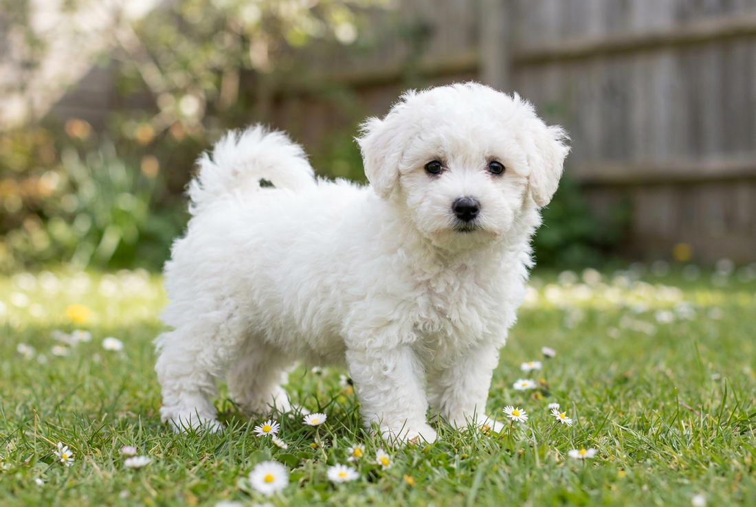 Eight-week-old Bichon Frise puppy with soft fluffy white curly puppy coat