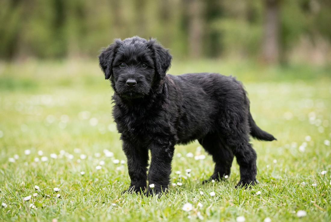 Eight-week-old Bouvier des Flandres puppy with soft black puppy coat