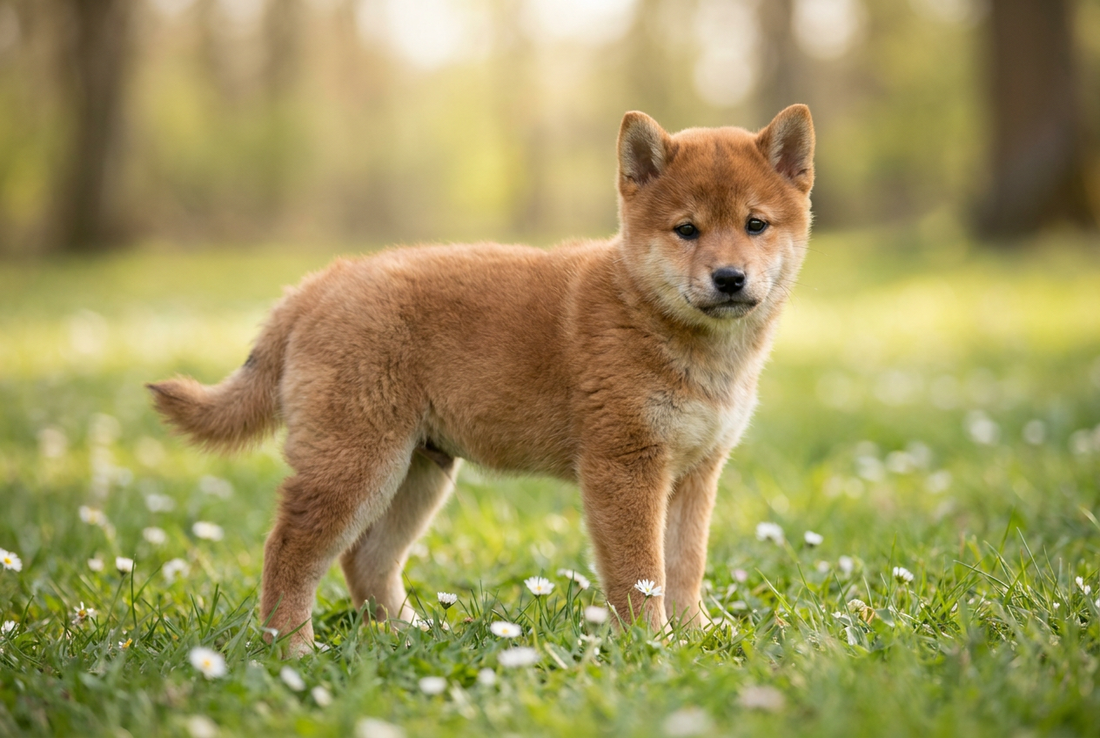 Eight-week-old Shiba Inu puppy with fluffy red puppy double coat