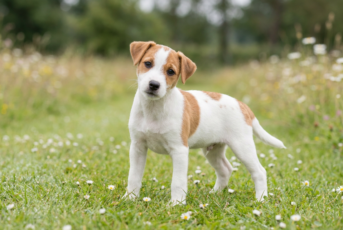 Eight-week-old Parson Russell Terrier puppy with smooth white-with-tan puppy coat