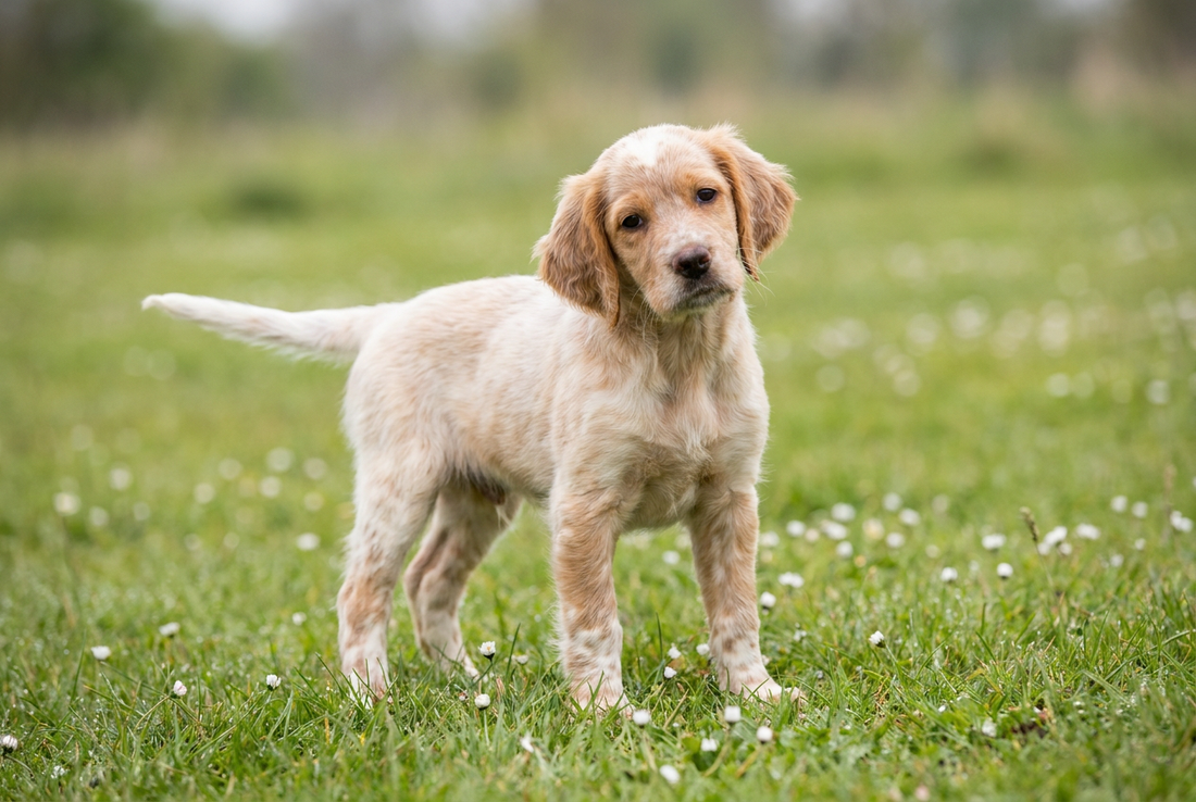 Eight-week-old English Setter puppy with soft orange-belton puppy coat