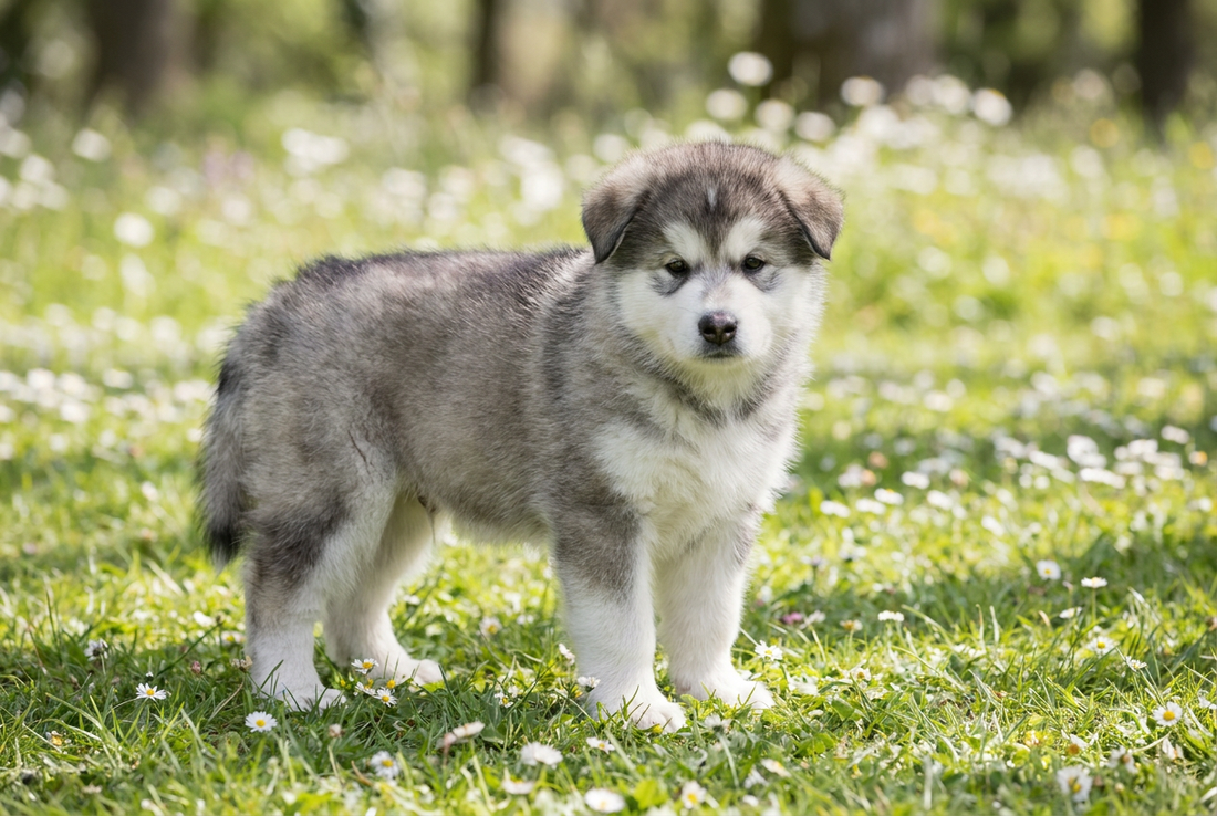Eight-week-old Alaskan Malamute puppy with fluffy gray-and-white puppy double coat