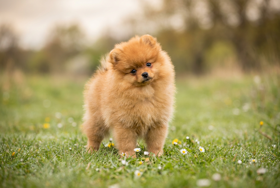 Eight-week-old Pomeranian puppy with fluffy orange puppy coat