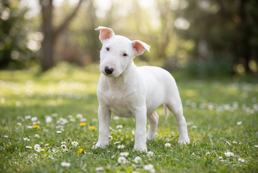 Eight-week-old Bull Terrier puppy with smooth white puppy coat with the egg-shaped head