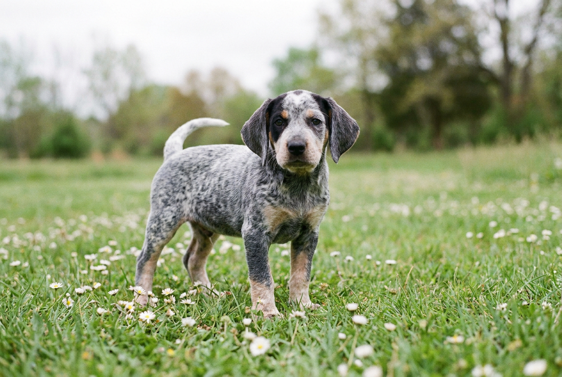 Eight-week-old Bluetick Coonhound puppy with smooth blue-ticked puppy coat