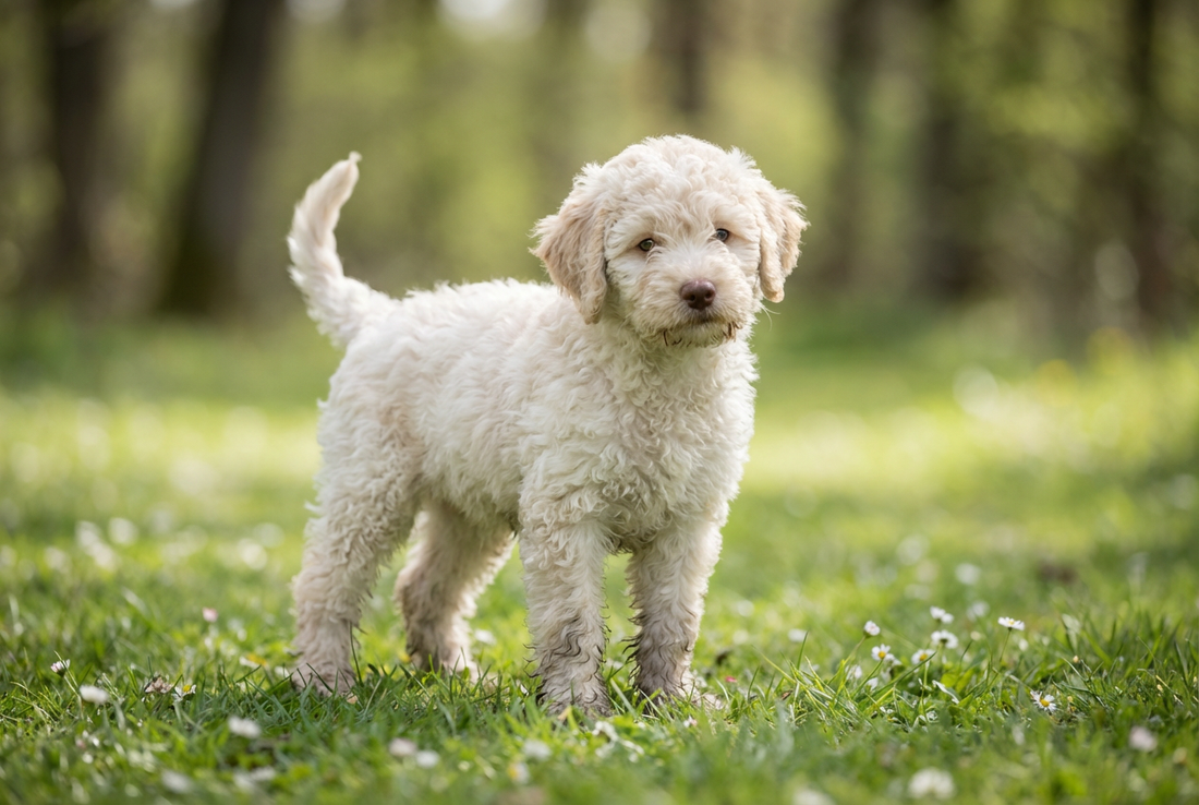 Eight-week-old Lagotto Romagnolo puppy with soft curly off-white puppy coat