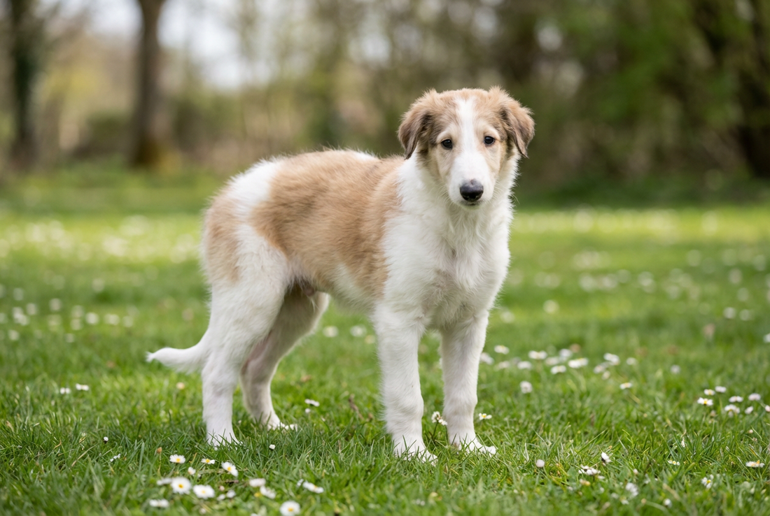Eight-week-old Borzoi puppy with soft long white-and-tan puppy coat