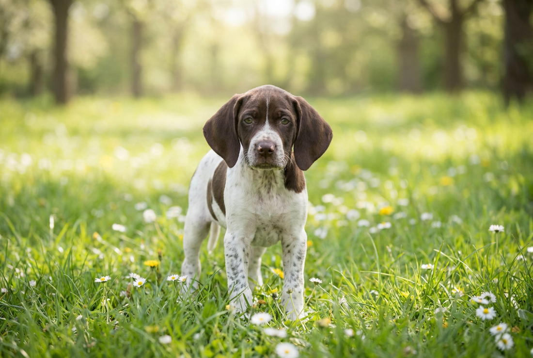 Eight-week-old Pointer puppy with smooth liver-and-white puppy coat