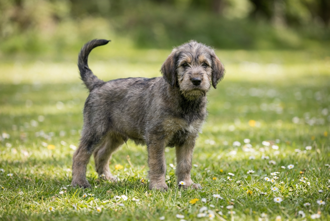 Eight-week-old Otterhound puppy with soft grizzle puppy coat