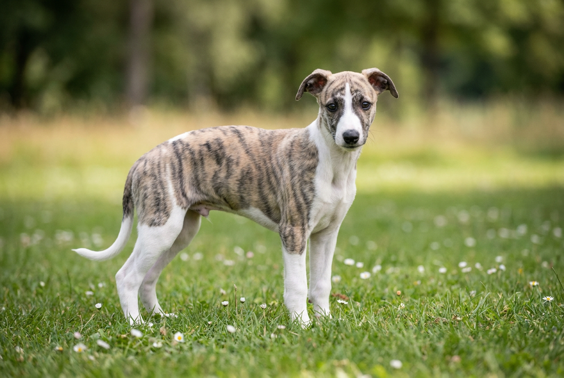 Eight-week-old Whippet puppy with smooth brindle-and-white puppy coat