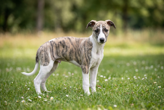Eight-week-old Whippet puppy with smooth brindle-and-white puppy coat