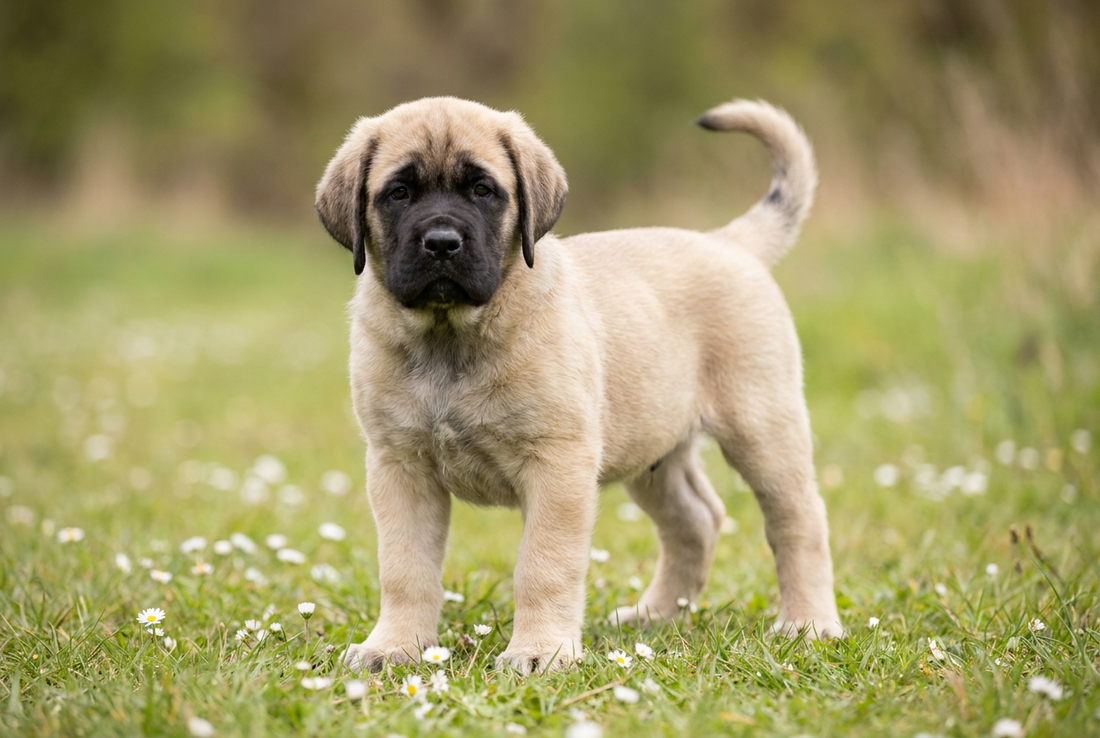 Eight-week-old Mastiff puppy with soft fawn puppy coat with a dark mask