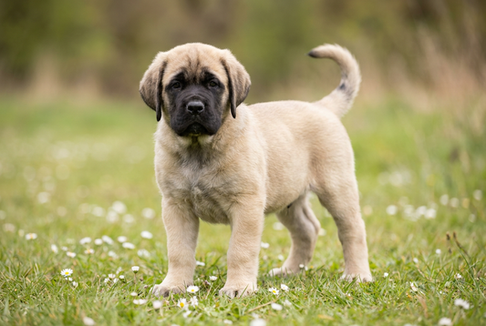 Eight-week-old Mastiff puppy with soft fawn puppy coat with a dark mask