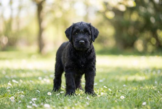 Eight-week-old Giant Schnauzer puppy with soft black puppy coat
