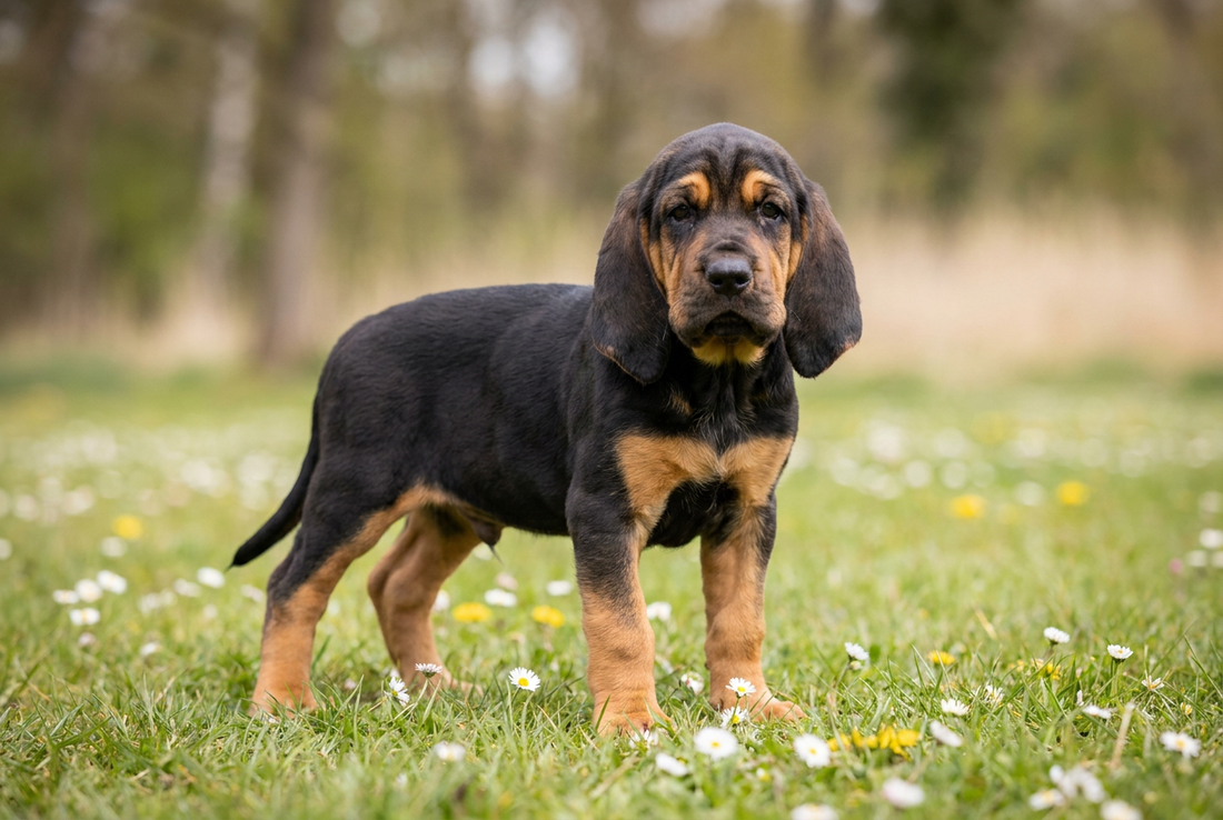 Eight-week-old Bloodhound puppy with smooth wrinkled black-and-tan puppy coat
