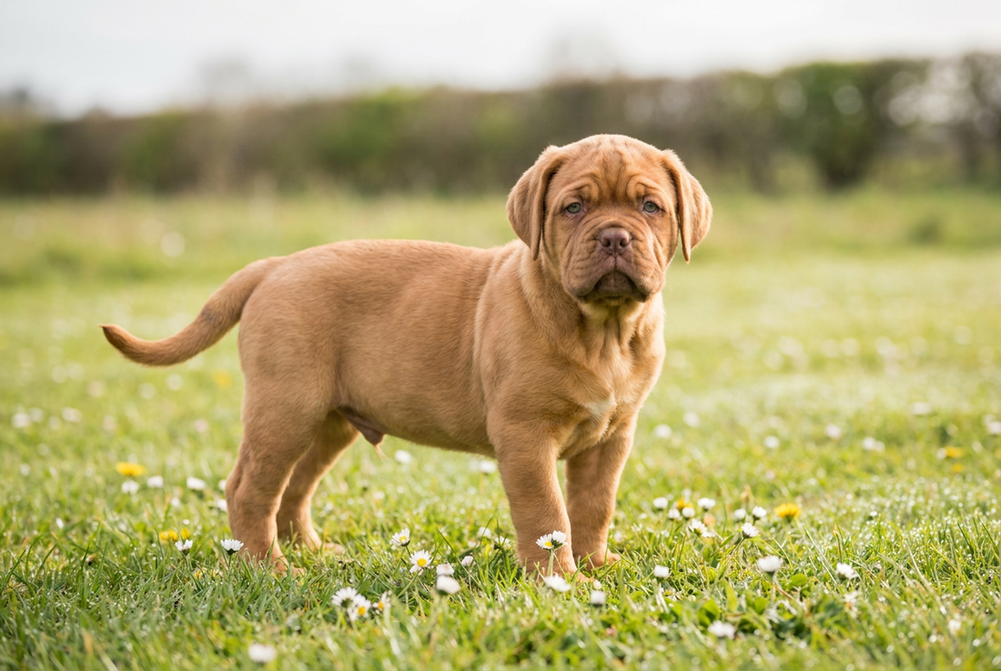 Eight-week-old Dogue de Bordeaux puppy with soft wrinkled fawn puppy coat