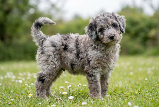 Eight-week-old Aussiedoodle puppy with soft fluffy blue merle puppy coat