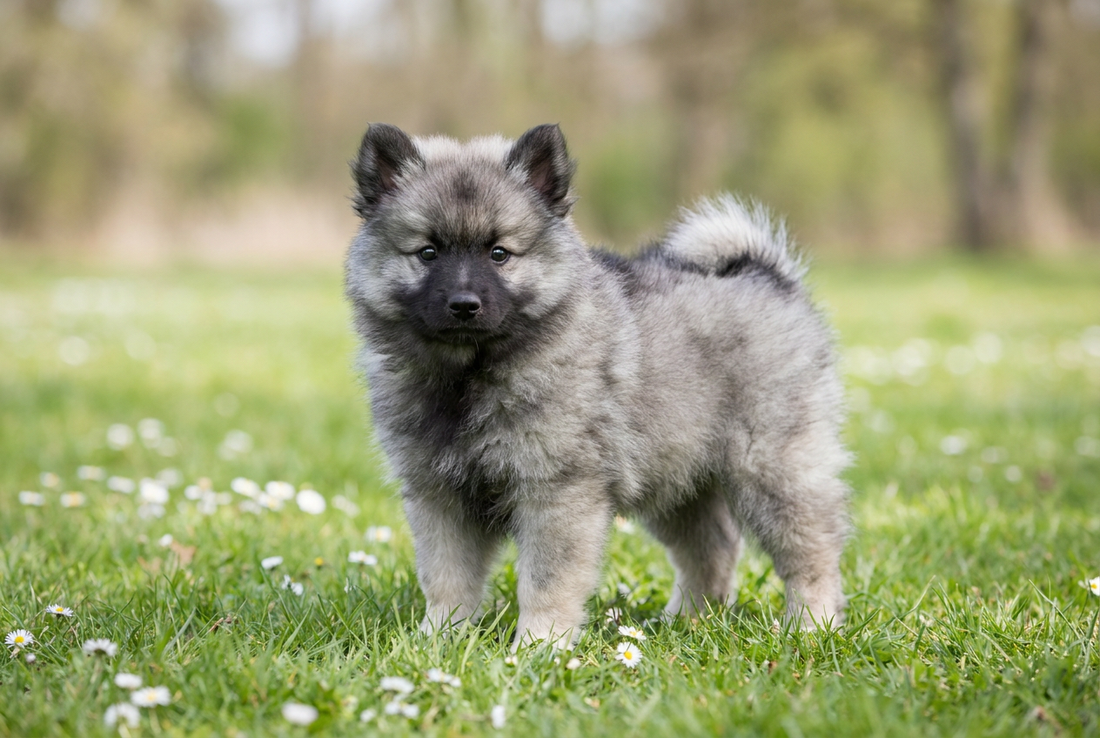 Eight-week-old Keeshond puppy with fluffy gray puppy coat