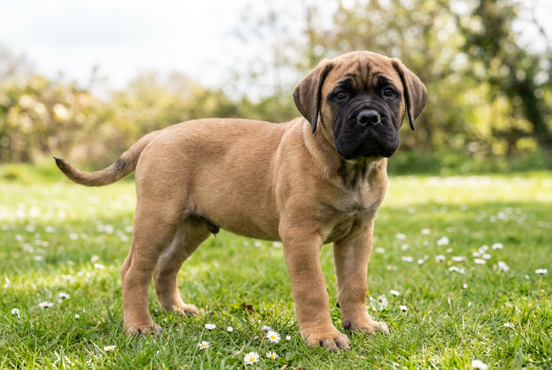 Eight-week-old Bullmastiff puppy with soft fawn puppy coat with a dark mask