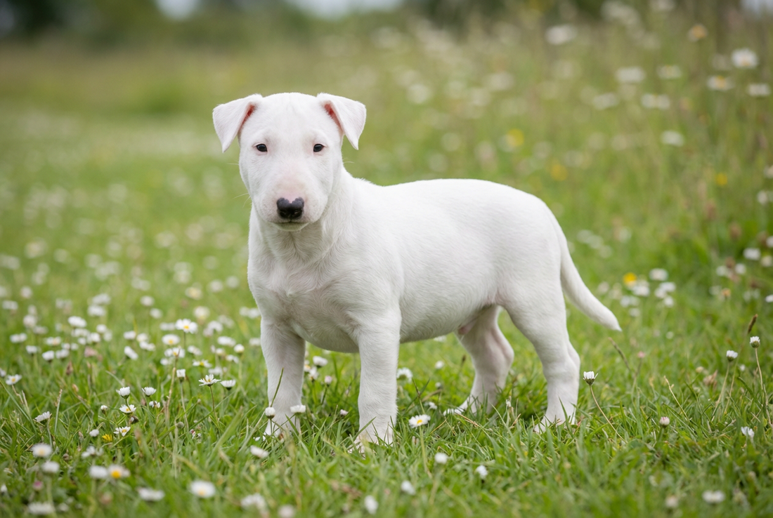 Eight-week-old Miniature Bull Terrier puppy with smooth white puppy coat with the egg-shaped head