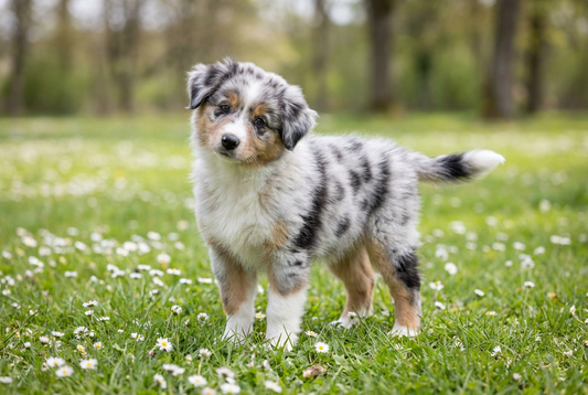 Eight-week-old Australian Shepherd puppy with soft blue merle puppy coat