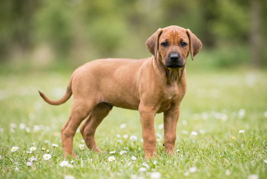 Eight-week-old Rhodesian Ridgeback puppy with smooth wheaten puppy coat