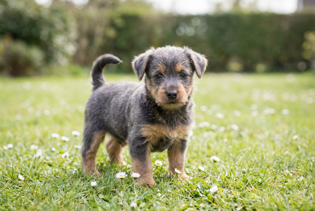 Eight-week-old Australian Terrier puppy with soft blue-and-tan puppy coat