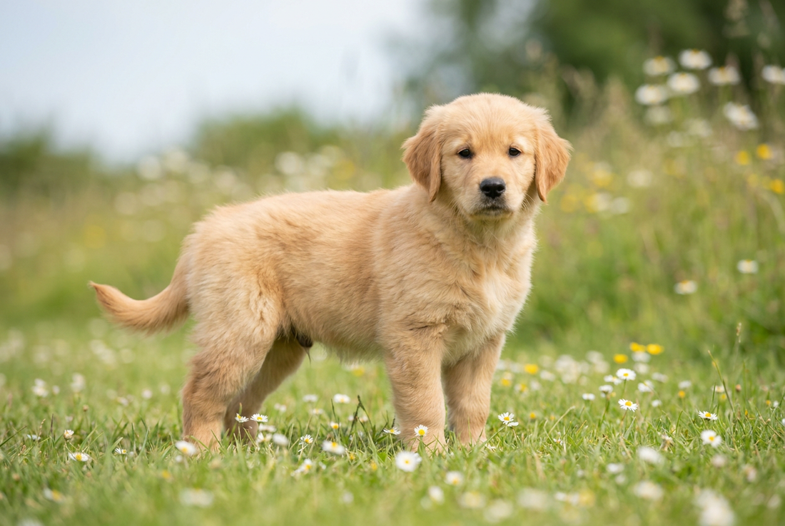 Eight-week-old Golden Retriever puppy with fluffy soft golden puppy coat