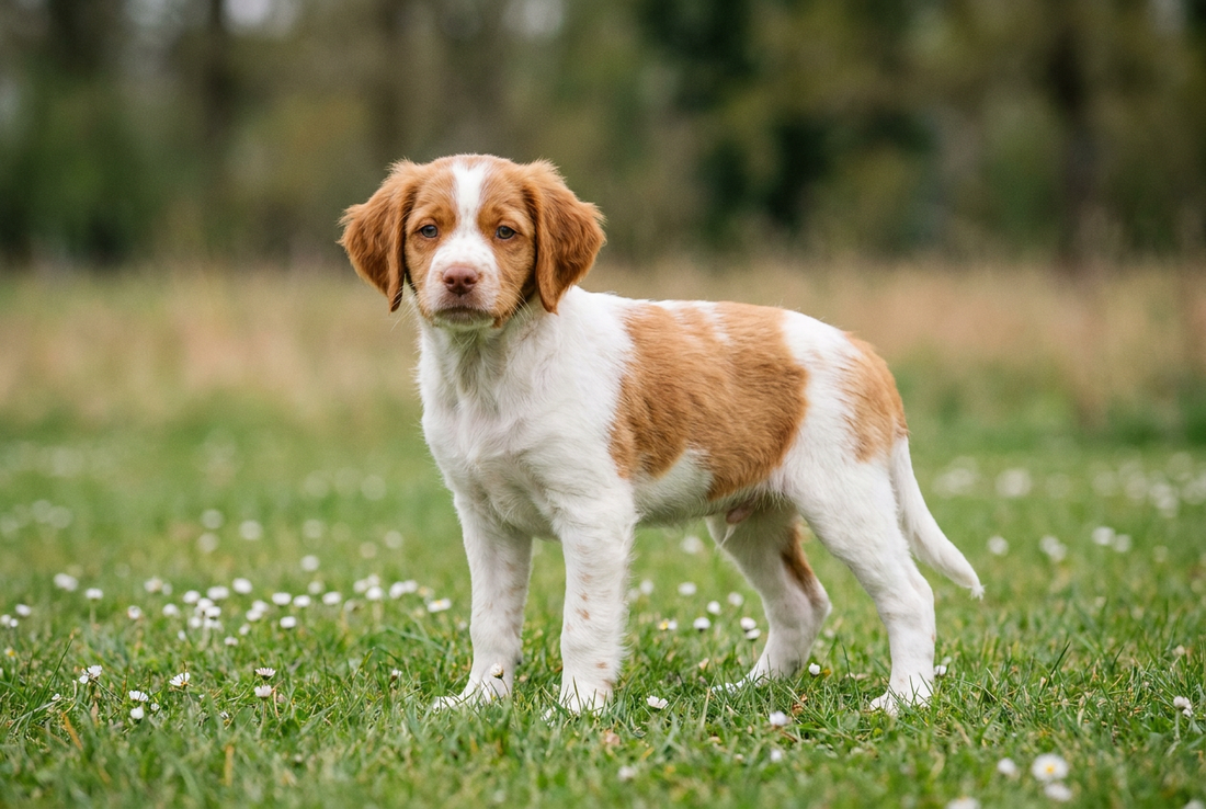 Eight-week-old Brittany puppy with soft orange-and-white puppy coat