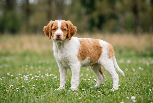 Eight-week-old Brittany puppy with soft orange-and-white puppy coat