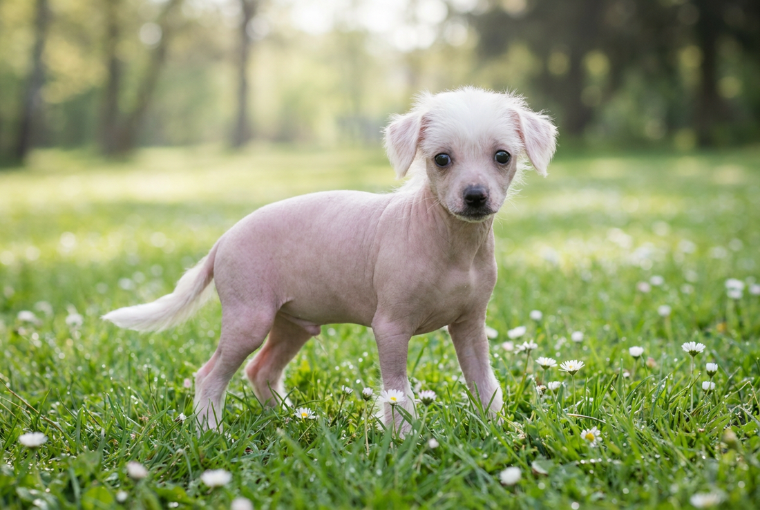 Eight-week-old Chinese Crested puppy with smooth pink puppy skin with soft tufted crest