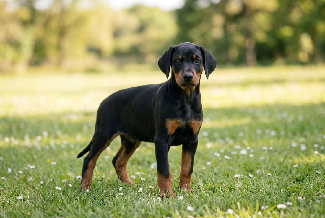 Eight-week-old Doberman Pinscher puppy with smooth black-and-rust puppy coat