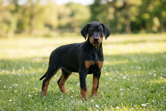 Eight-week-old Doberman Pinscher puppy with smooth black-and-rust puppy coat