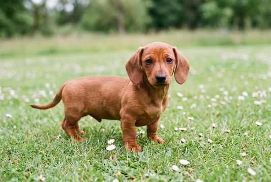 Eight-week-old Dachshund puppy with smooth short red puppy coat