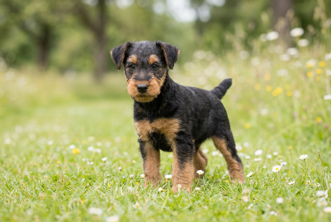 Eight-week-old Welsh Terrier puppy with soft black-and-tan puppy coat