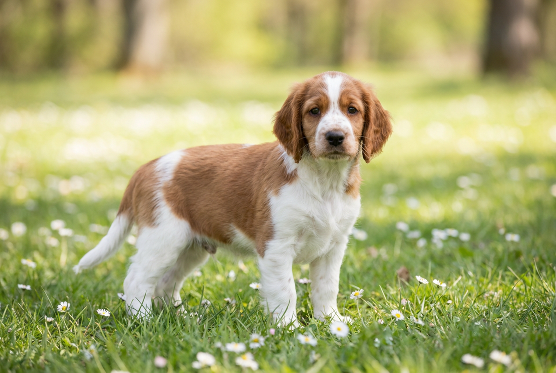 Eight-week-old Welsh Springer Spaniel puppy with soft red-and-white puppy coat