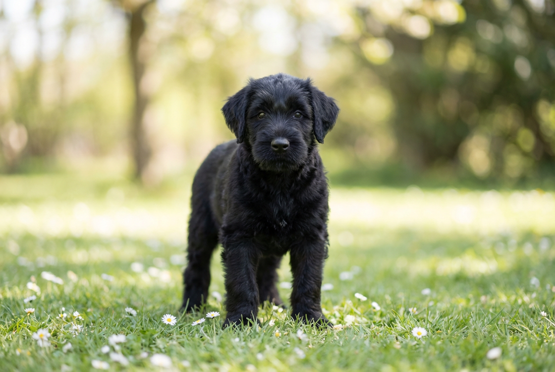 Eight-week-old Giant Schnauzer puppy with soft black puppy coat