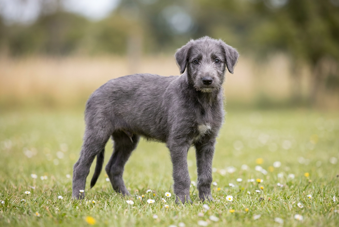 Eight-week-old Scottish Deerhound puppy with soft blue-gray puppy coat