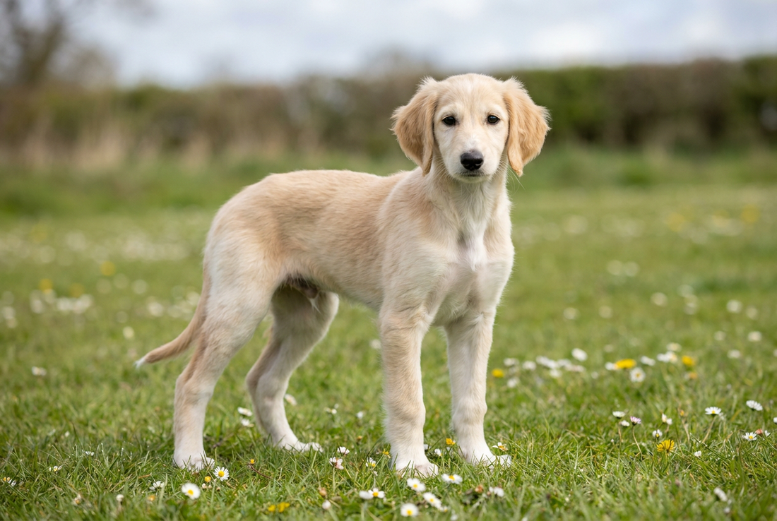 Eight-week-old Saluki puppy with soft cream-and-tan puppy coat