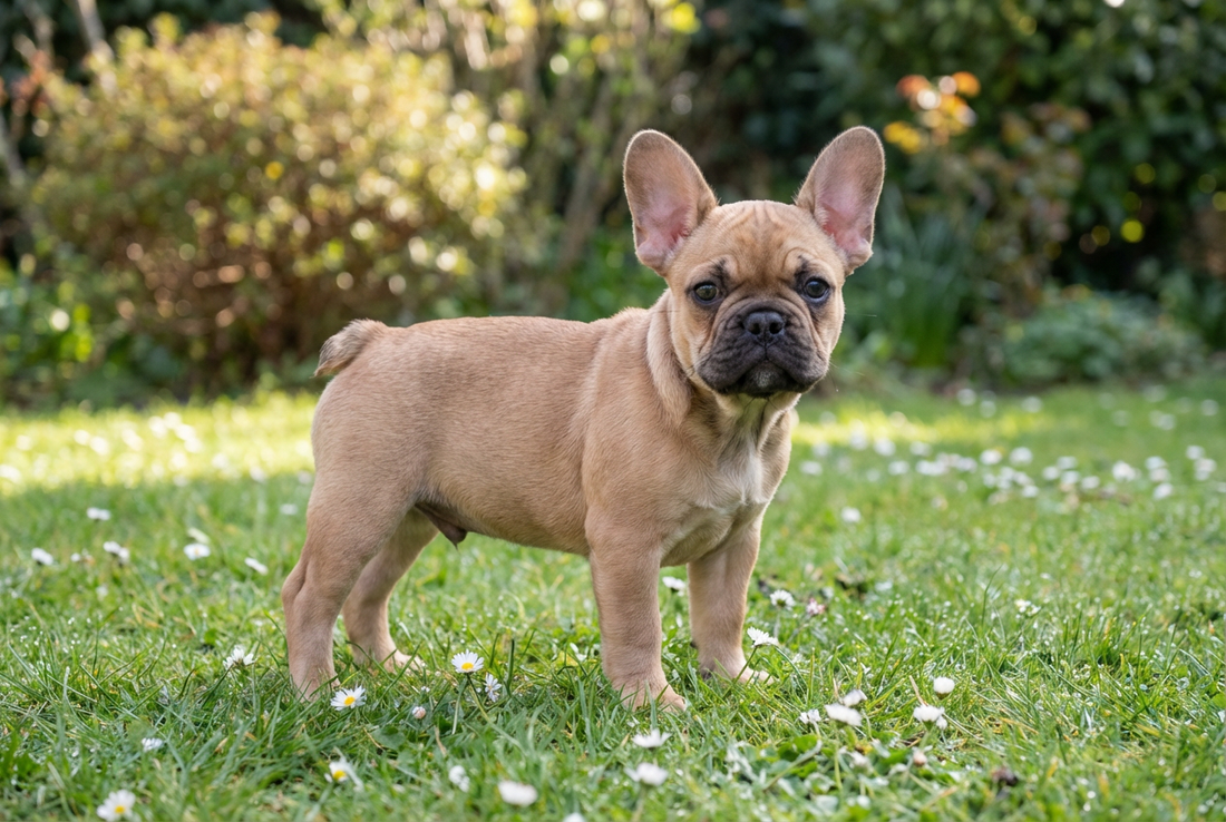 Eight-week-old French Bulldog puppy with smooth fawn puppy coat with oversized bat ears