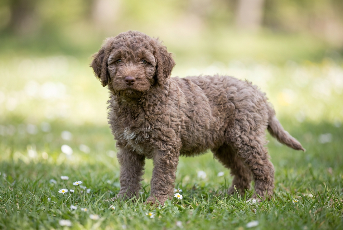 Eight-week-old Spanish Water Dog puppy with soft curly brown puppy coat