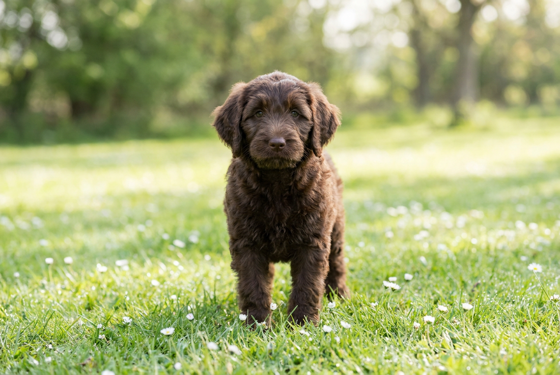 Eight-week-old Labradoodle puppy with soft chocolate puppy coat