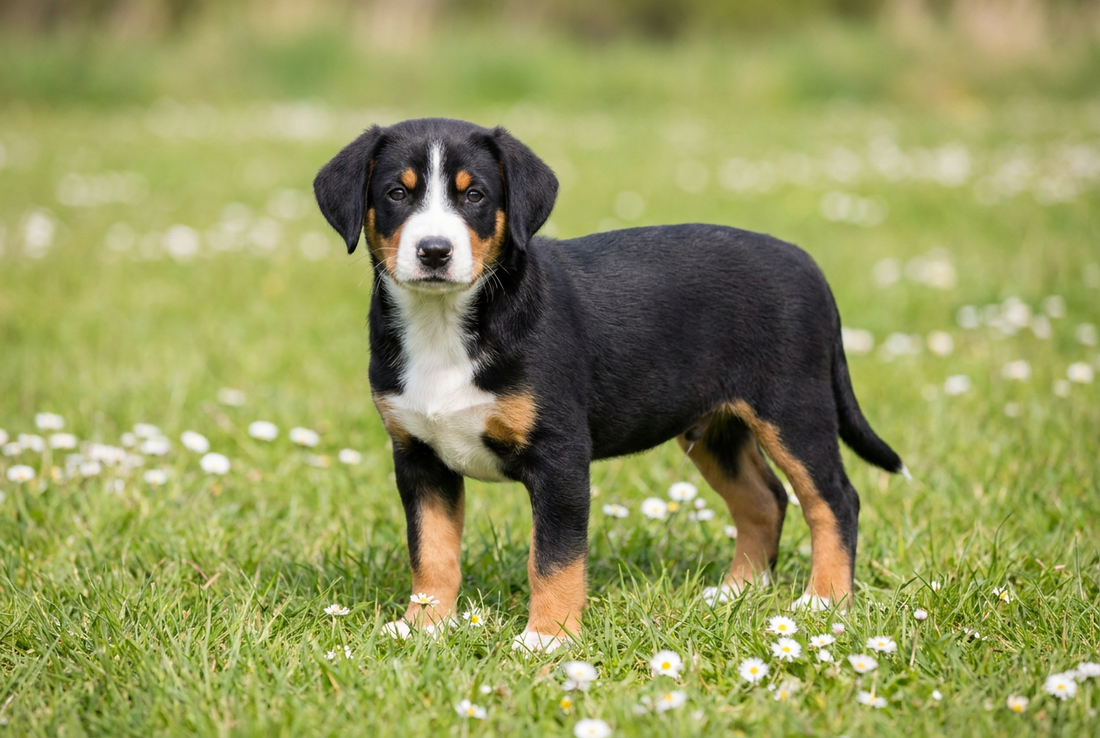 Eight-week-old Entlebucher Mountain Dog puppy with smooth tricolor puppy coat