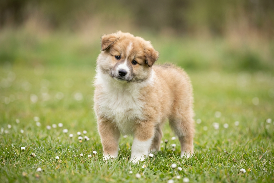Eight-week-old Icelandic Sheepdog puppy with fluffy tan-and-white puppy coat
