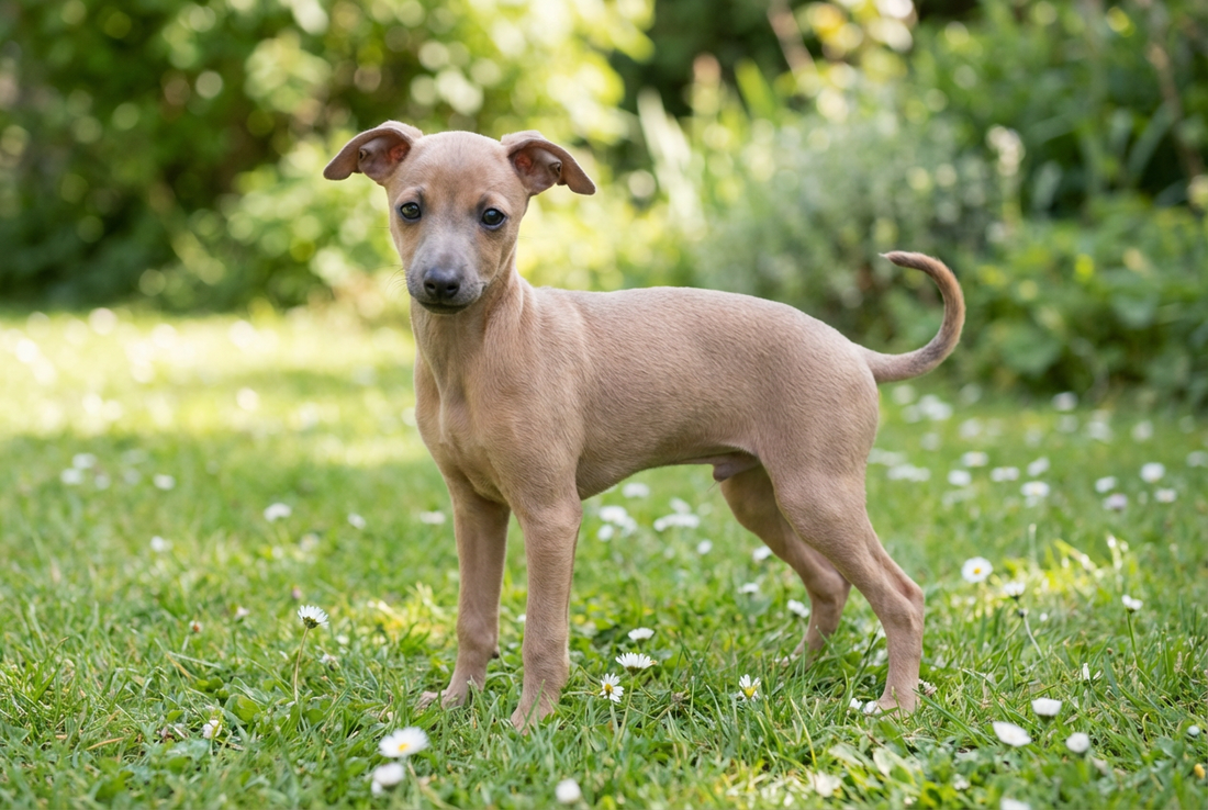 Eight-week-old Italian Greyhound puppy with smooth fawn puppy coat
