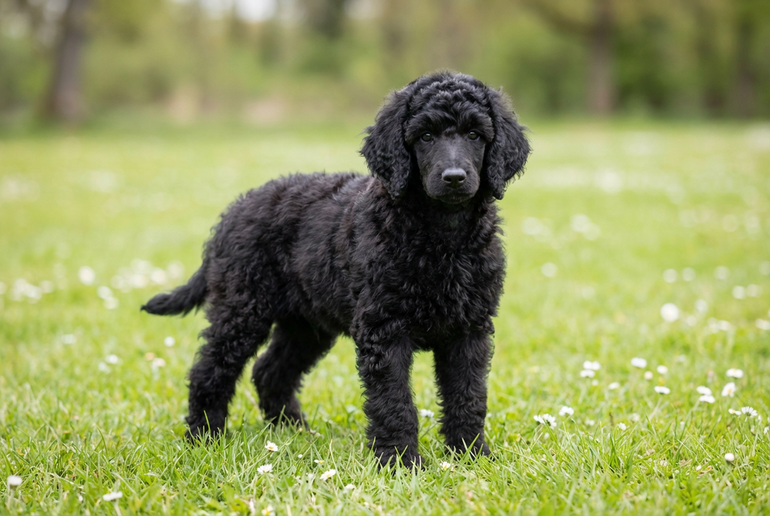Eight-week-old Standard Poodle puppy with soft black curly puppy coat